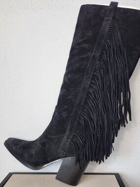 NEW~$245~VINCE CAMUTO~SZ 8W~BLACK SUEDE FRINGE WESTERN BOOTS WIDE WIDTH & CALF